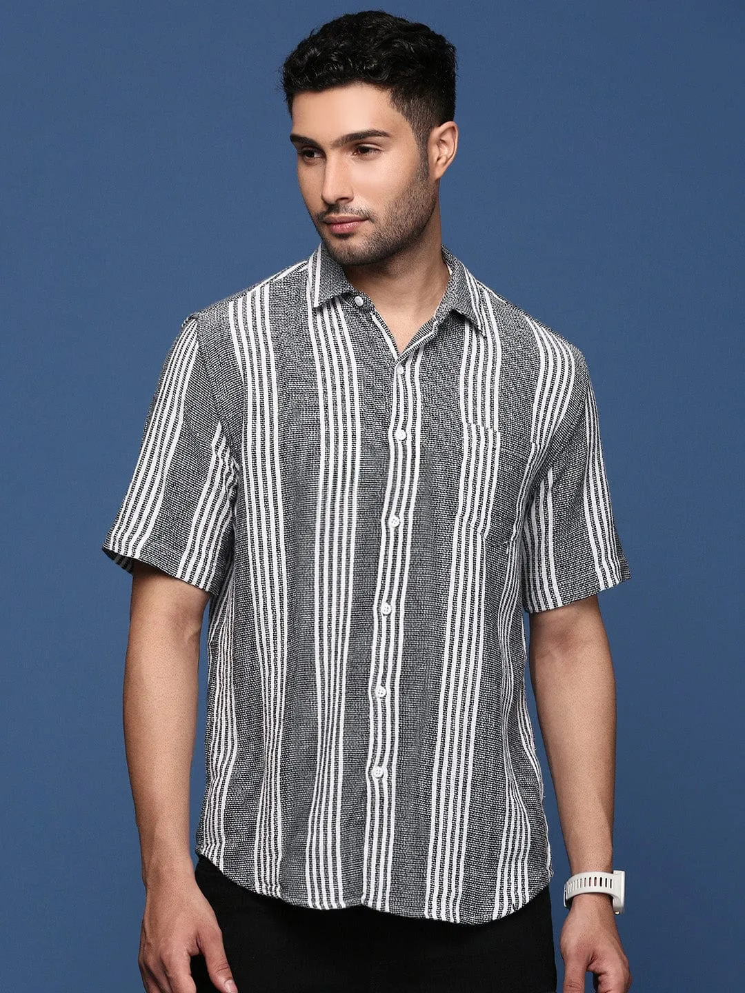 Men Black Standard Slim Fit Multi Stripes Opaque Striped Casual Shirt