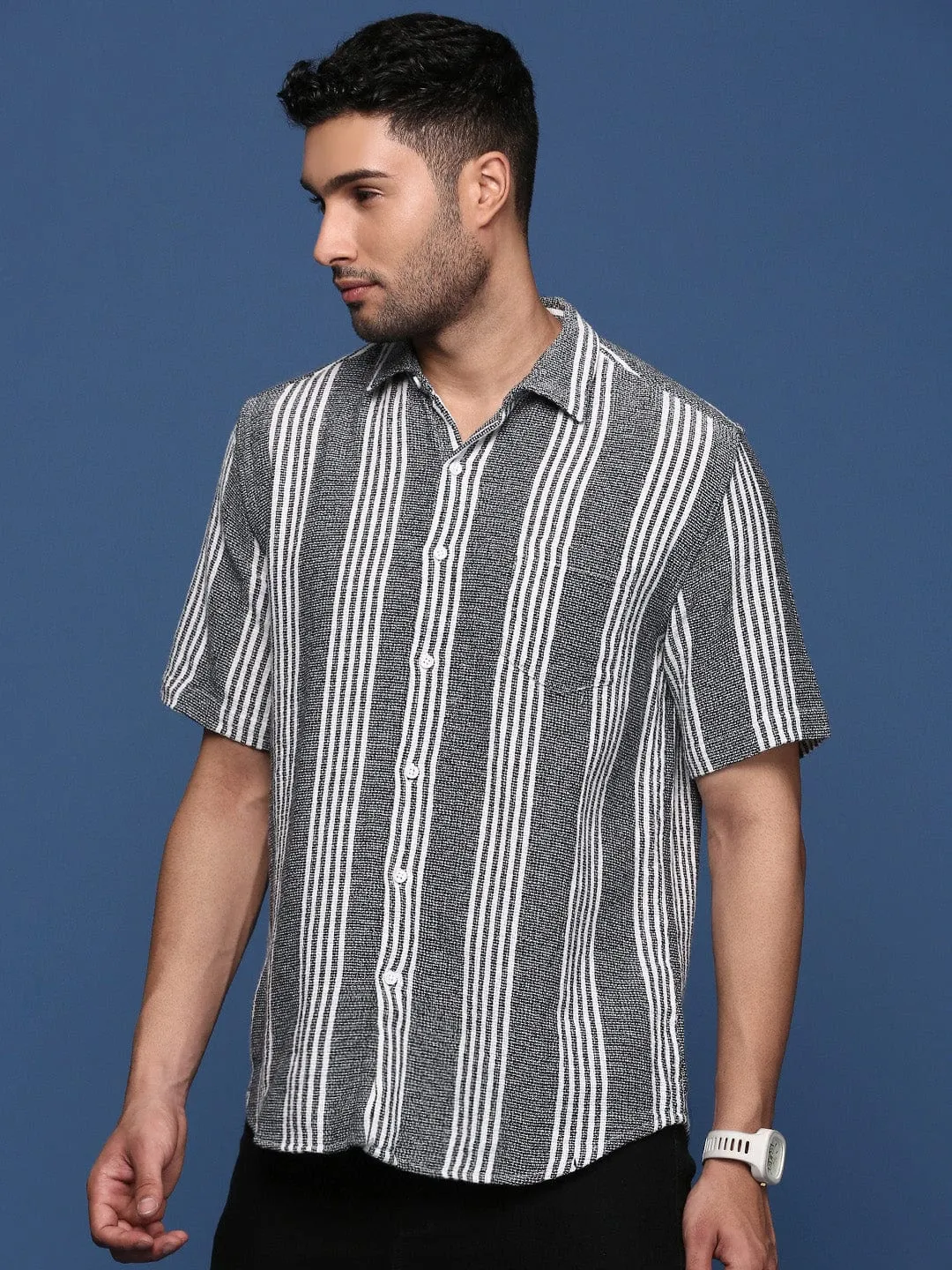 Men Black Standard Slim Fit Multi Stripes Opaque Striped Casual Shirt