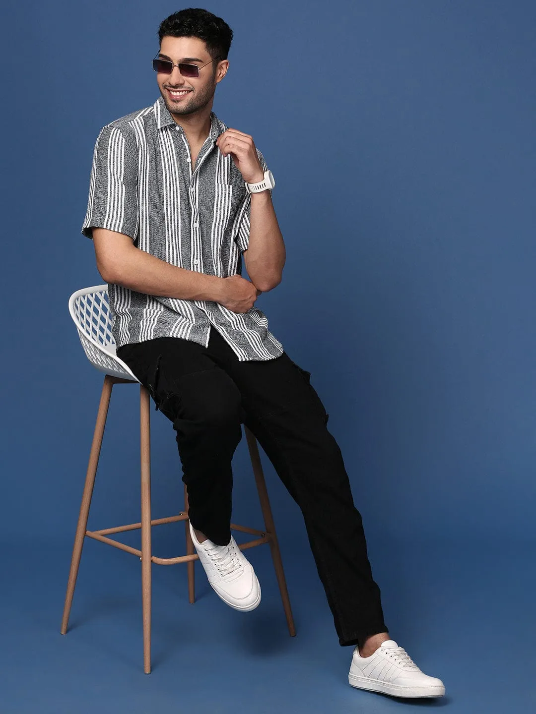 Men Black Standard Slim Fit Multi Stripes Opaque Striped Casual Shirt