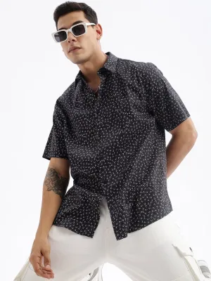 Men Black Standard Slim Fit Opaque Printed Cotton Casual Shirt