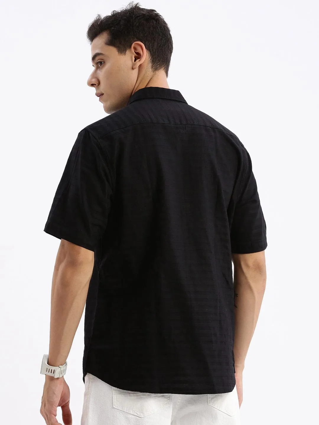 Men Black Standard Slim Fit Spread Collar Twill Weave Cotton Shirt