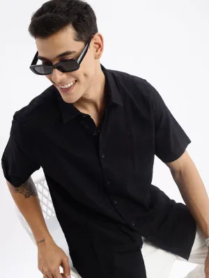 Men Black Standard Slim Fit Spread Collar Twill Weave Cotton Shirt