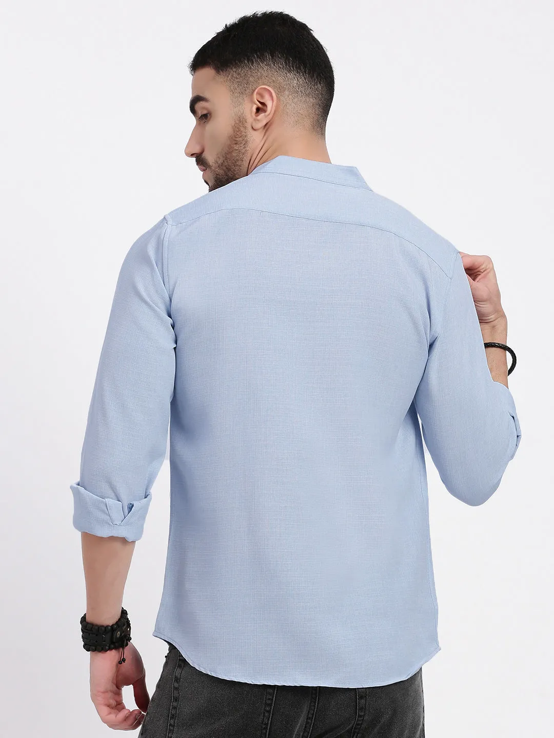 Men Blue Mandarin Collar Solid Slim Fit Shirt