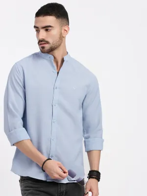 Men Blue Mandarin Collar Solid Slim Fit Shirt