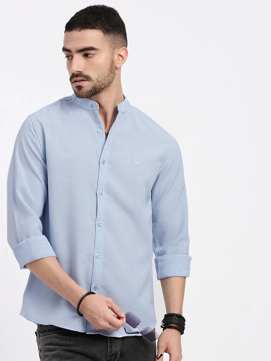 Men Blue Mandarin Collar Solid Slim Fit Shirt