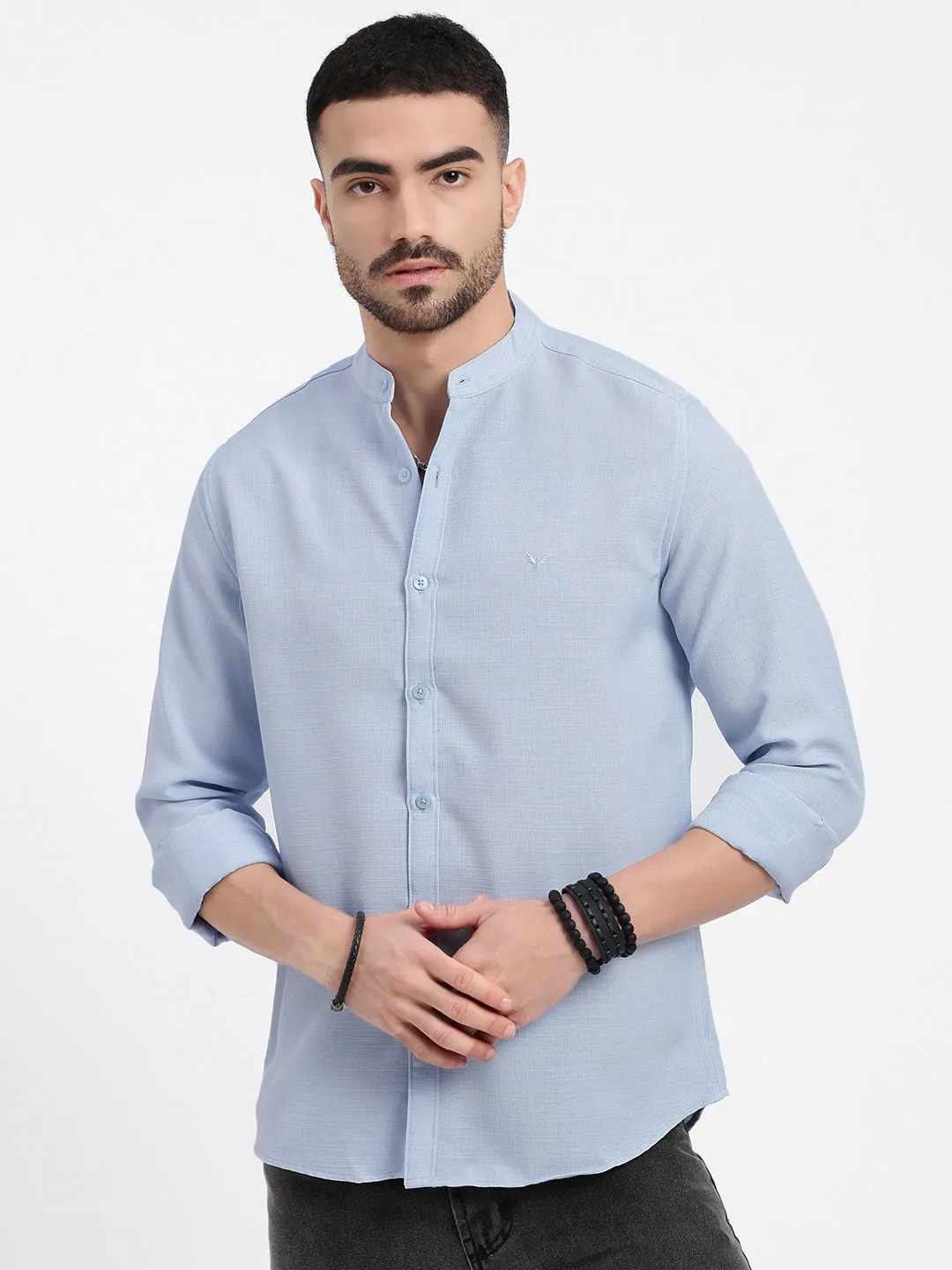 Men Blue Mandarin Collar Solid Slim Fit Shirt