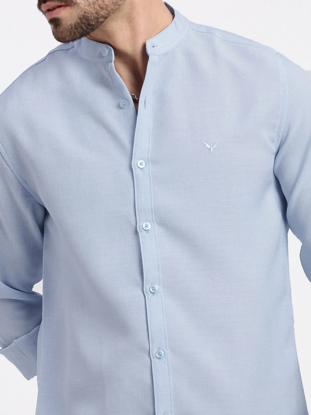 Men Blue Mandarin Collar Solid Slim Fit Shirt