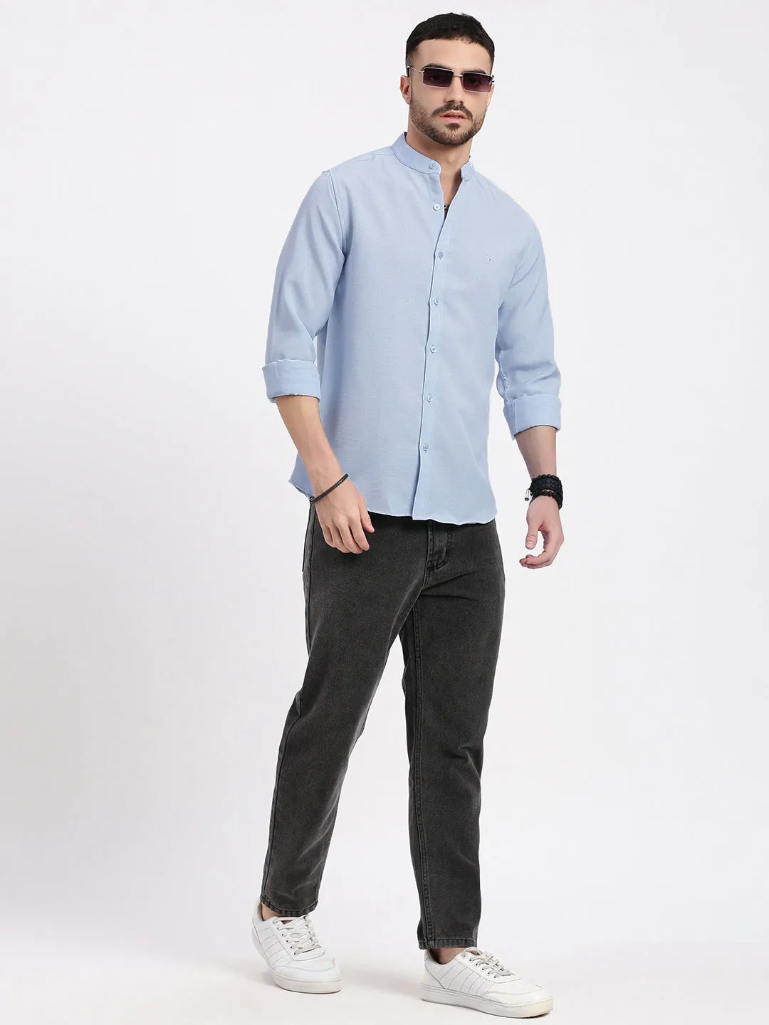 Men Blue Mandarin Collar Solid Slim Fit Shirt