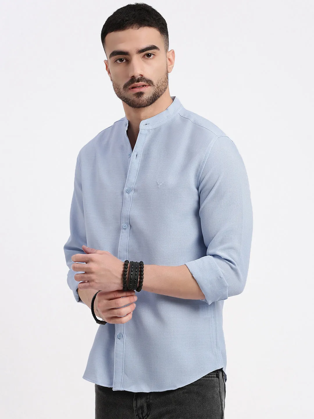 Men Blue Mandarin Collar Solid Slim Fit Shirt