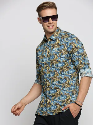 Men Blue Smart Slim Fit Floral Printed Weave Cotton Casual Shirt