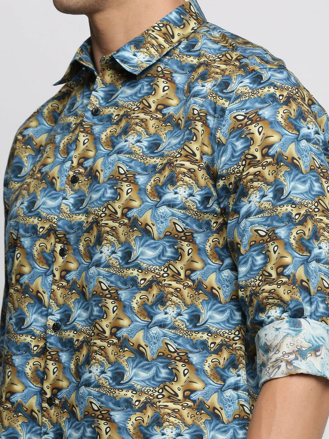 Men Blue Smart Slim Fit Floral Printed Weave Cotton Casual Shirt