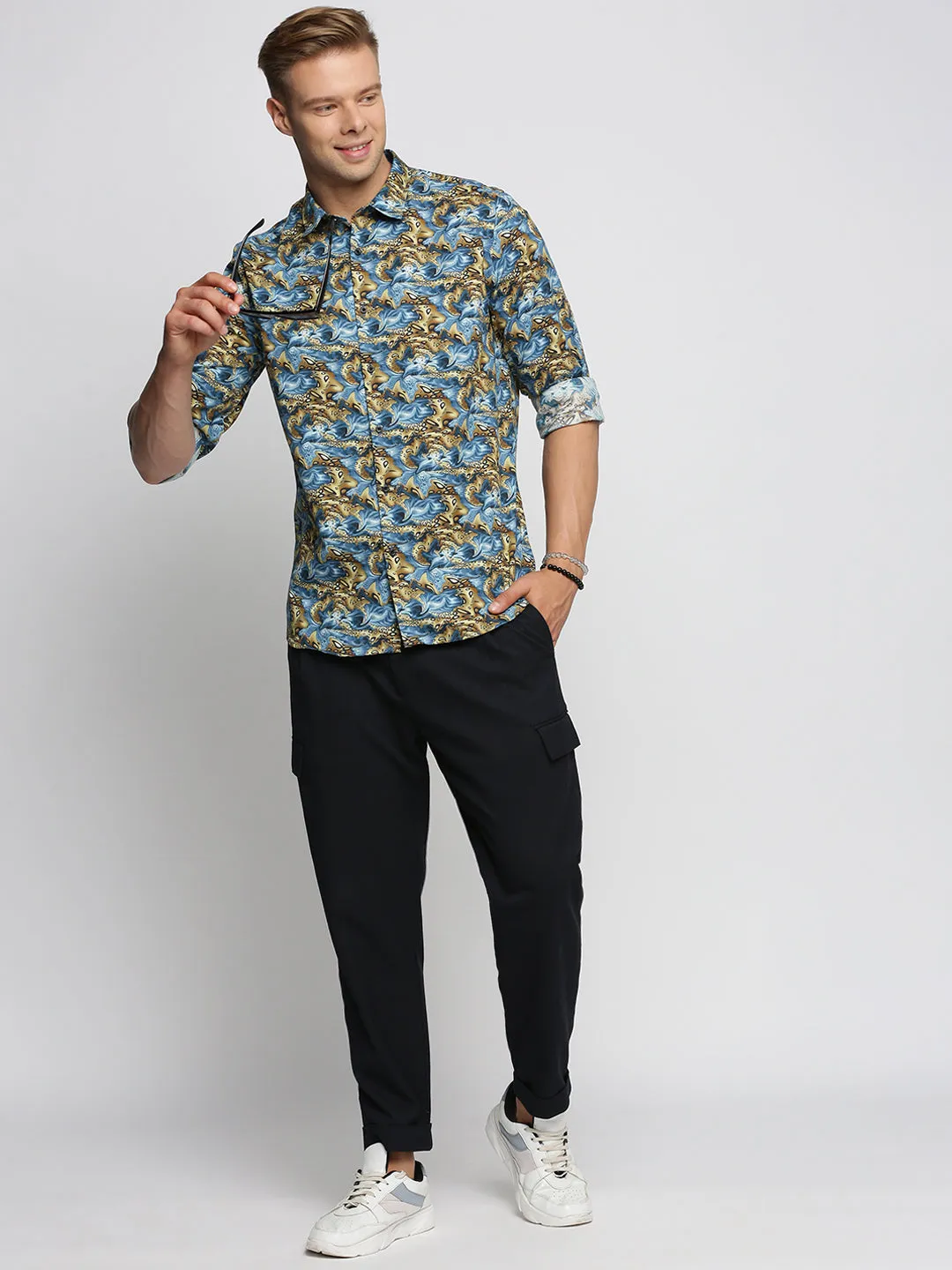 Men Blue Smart Slim Fit Floral Printed Weave Cotton Casual Shirt