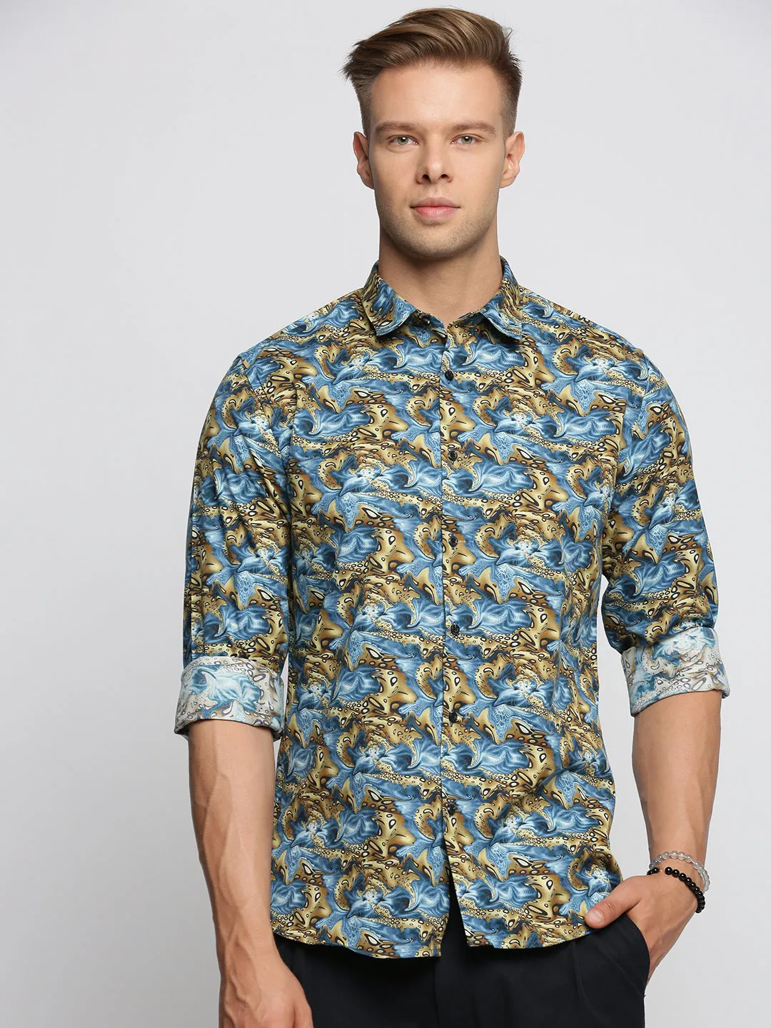 Men Blue Smart Slim Fit Floral Printed Weave Cotton Casual Shirt