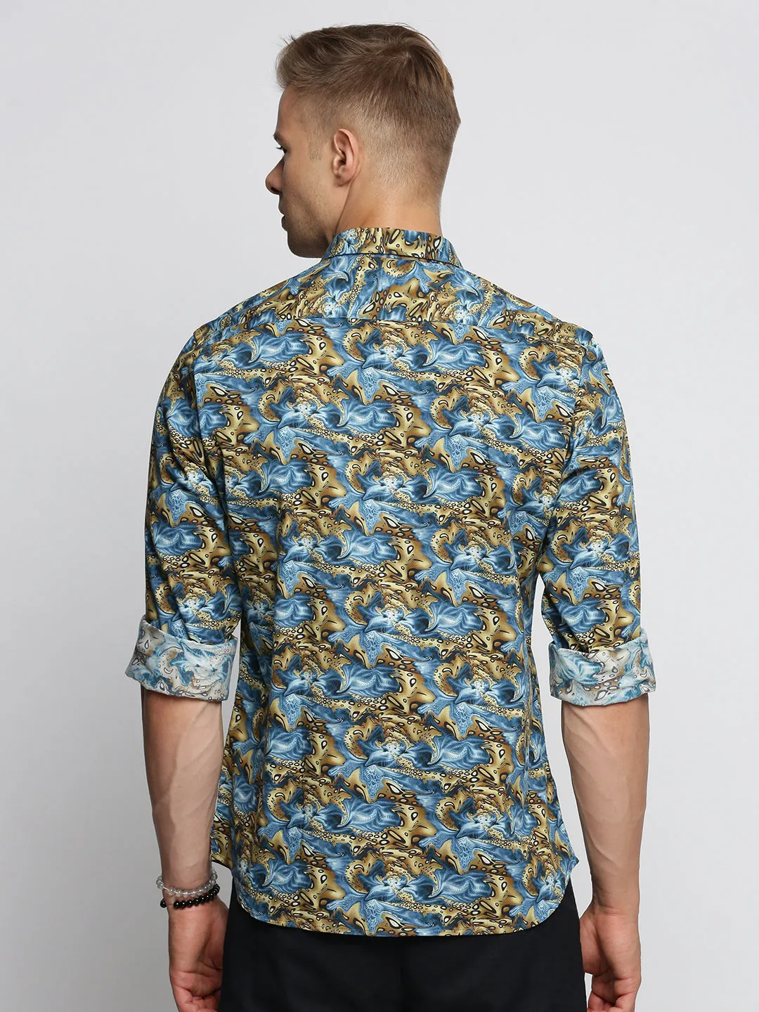 Men Blue Smart Slim Fit Floral Printed Weave Cotton Casual Shirt