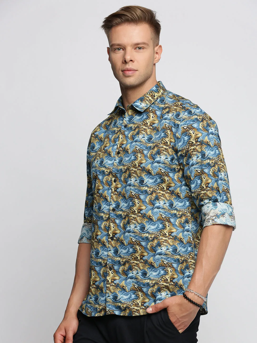 Men Blue Smart Slim Fit Floral Printed Weave Cotton Casual Shirt