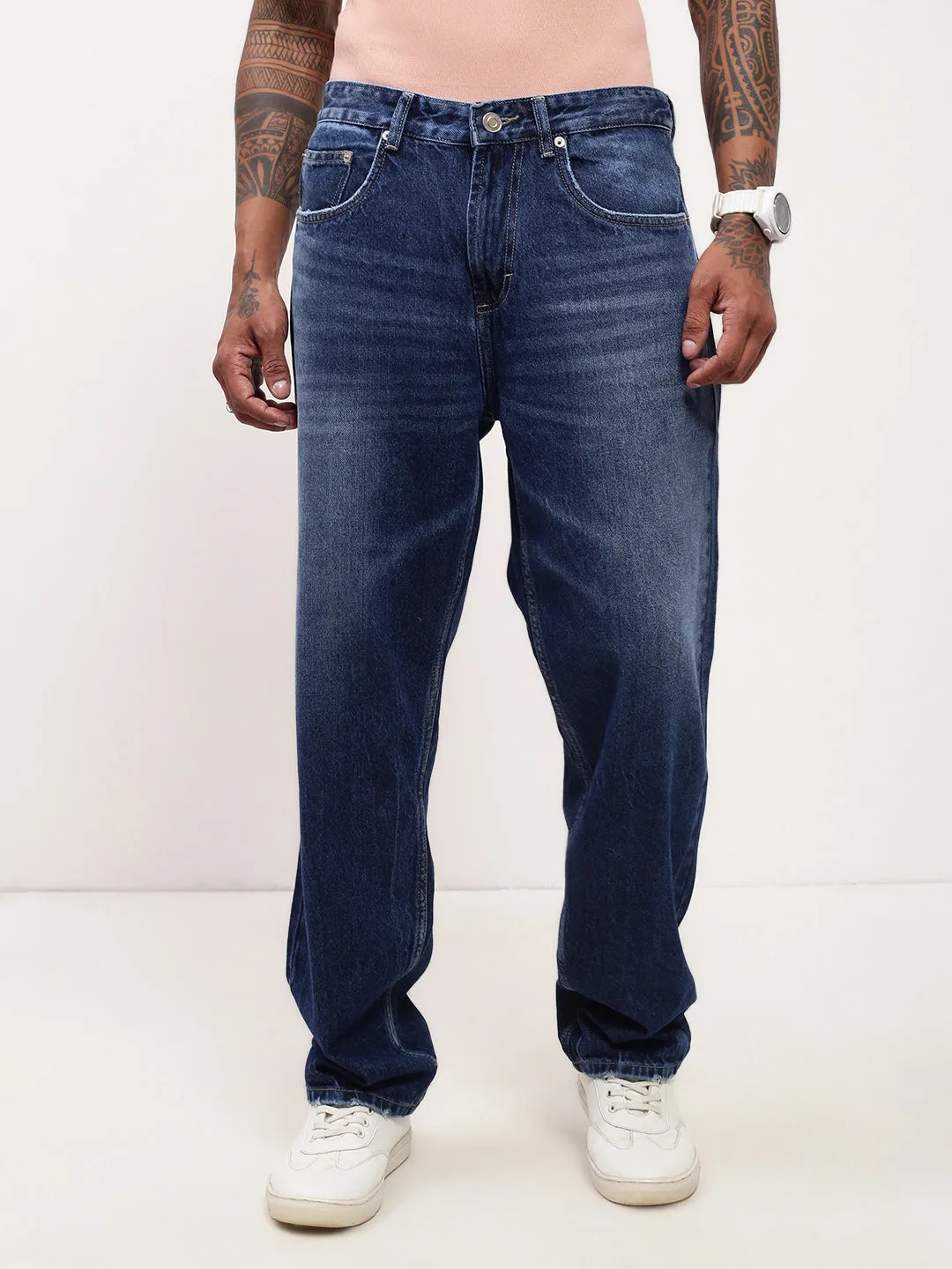 Men Blue Solid Straight Fit Denim Jeans