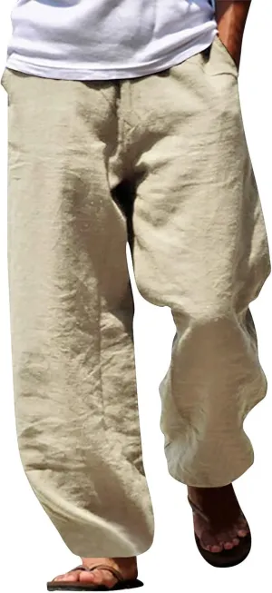 Mens Cotton Linen Drawstring Pants Summer Fashion Resort Wear Pants for Men 2024 Straight Lightweight Loose Fit Yoga Pants