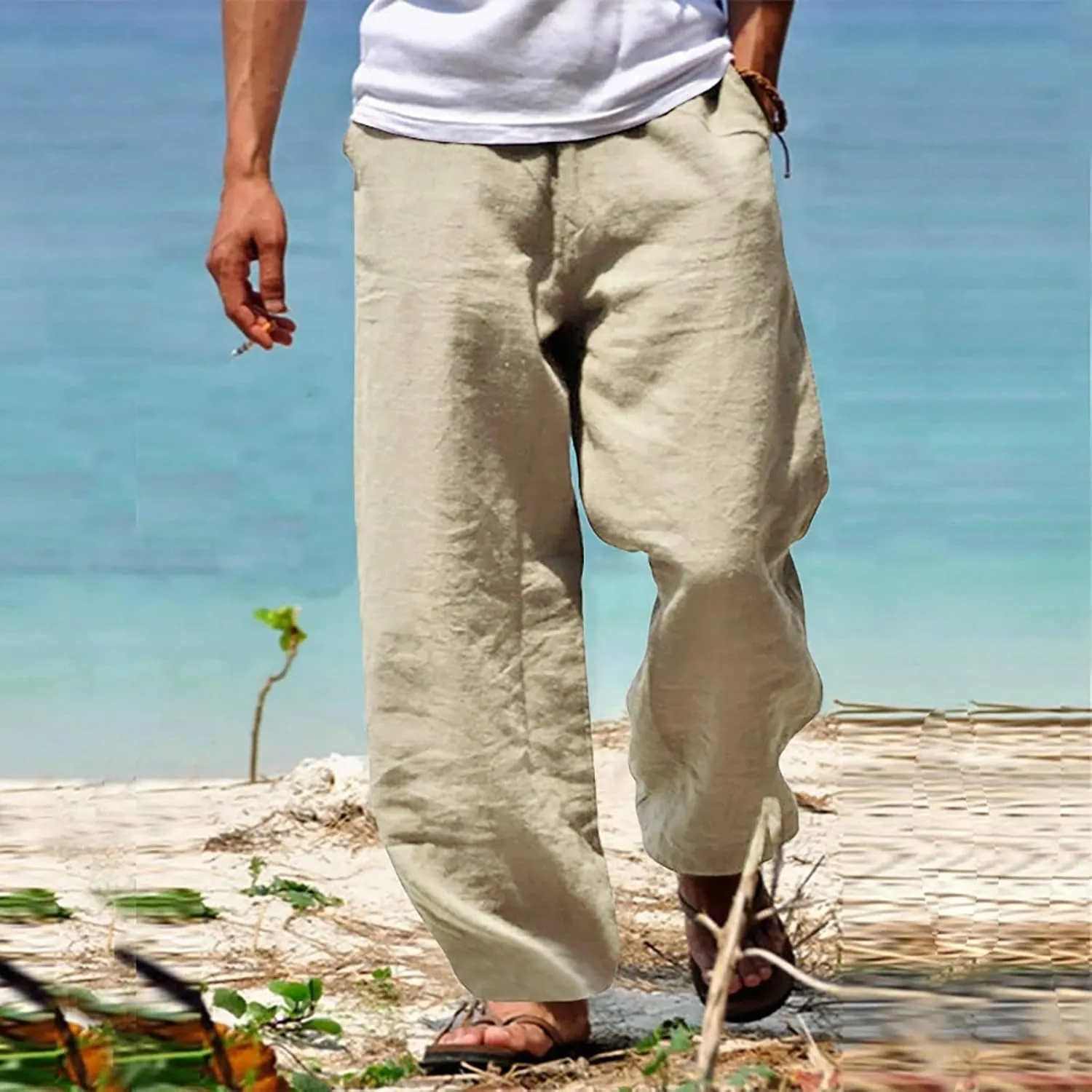 Mens Cotton Linen Drawstring Pants Summer Fashion Resort Wear Pants for Men 2024 Straight Lightweight Loose Fit Yoga Pants