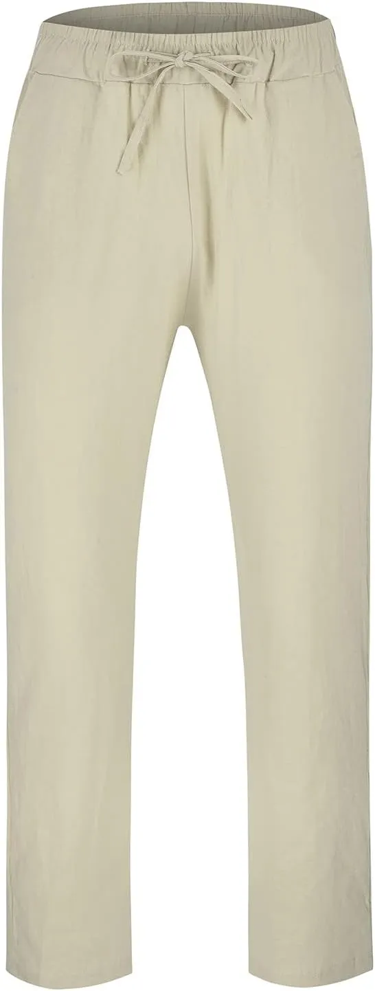 Mens Cotton Linen Drawstring Pants Summer Fashion Resort Wear Pants for Men 2024 Straight Lightweight Loose Fit Yoga Pants