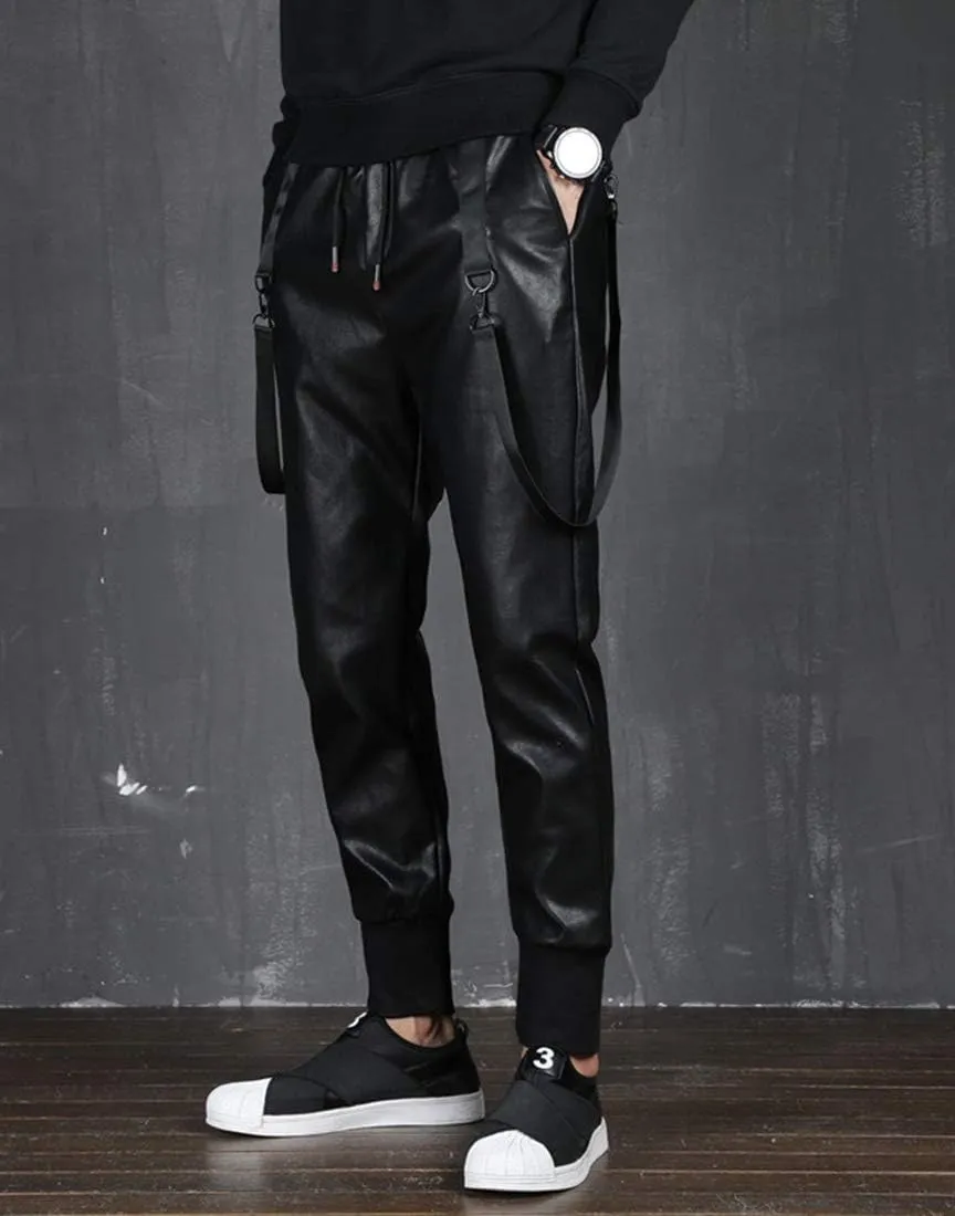 Men`s Faux Leather Joggers PU Motorcycle Harem Sweat Pants