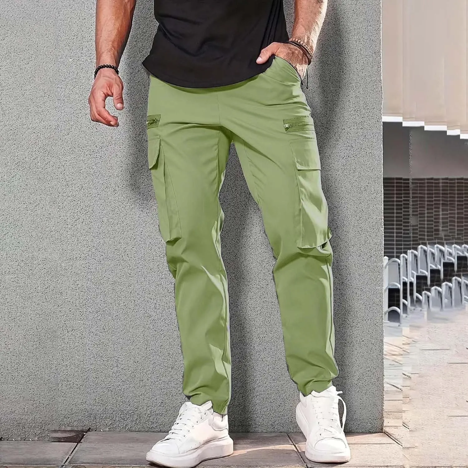 Mens Linen Cotton Pants Lightweight Mens Hiking Pants Cargo Pant Zipper Pocket Streetwear Pants Men White Loose Pant