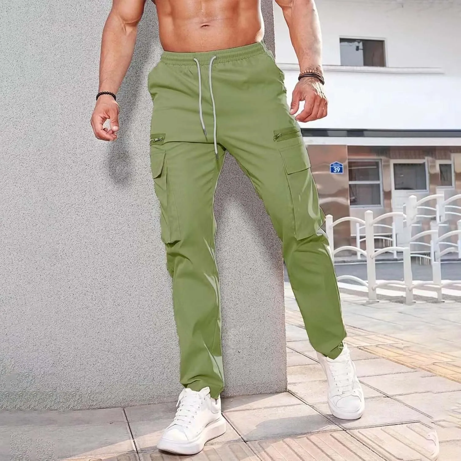 Mens Linen Cotton Pants Lightweight Mens Hiking Pants Cargo Pant Zipper Pocket Streetwear Pants Men White Loose Pant