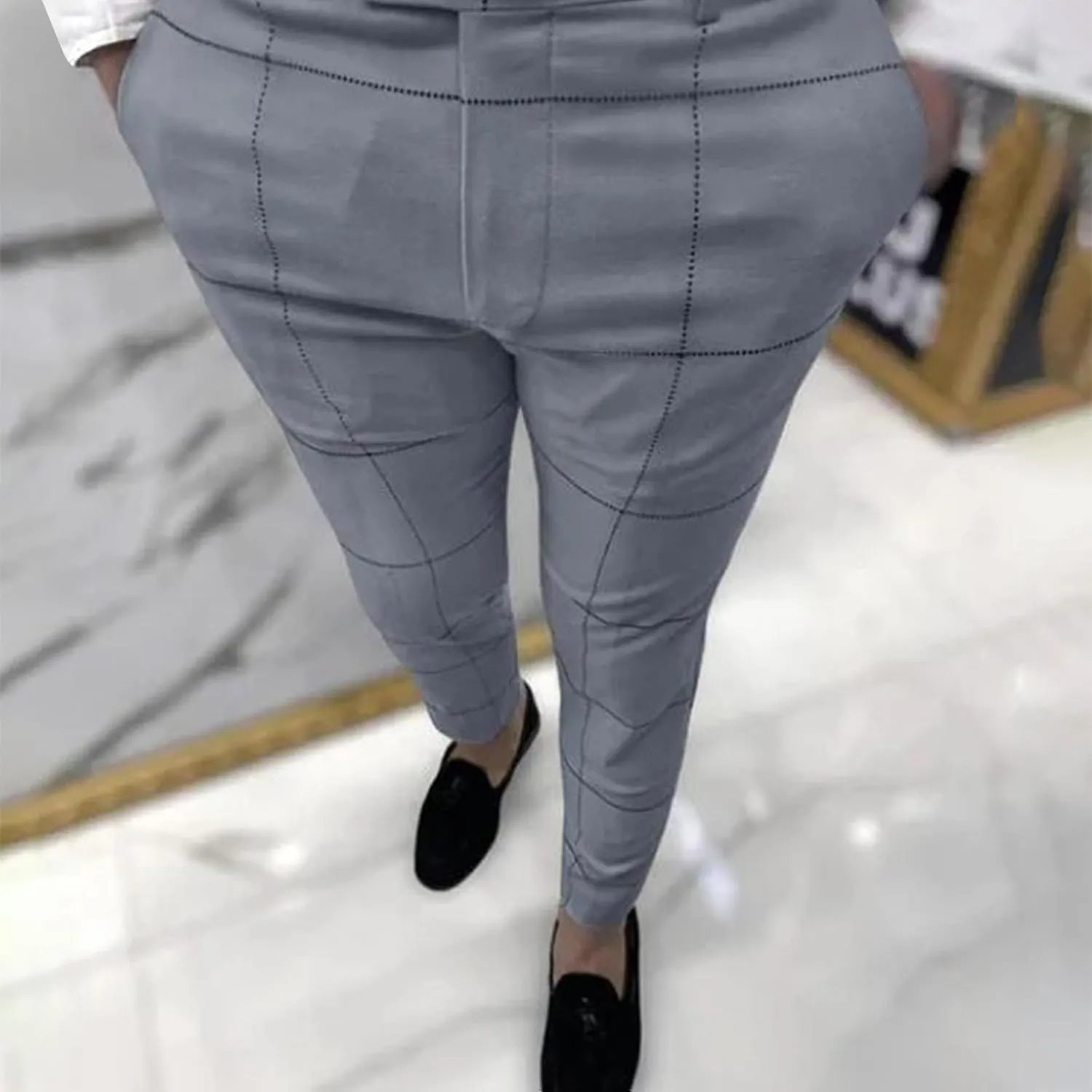 Men's Traditional Plaid Chino Pants Slim Fit Casual Striped Business Style Slim Pants Sweatpants