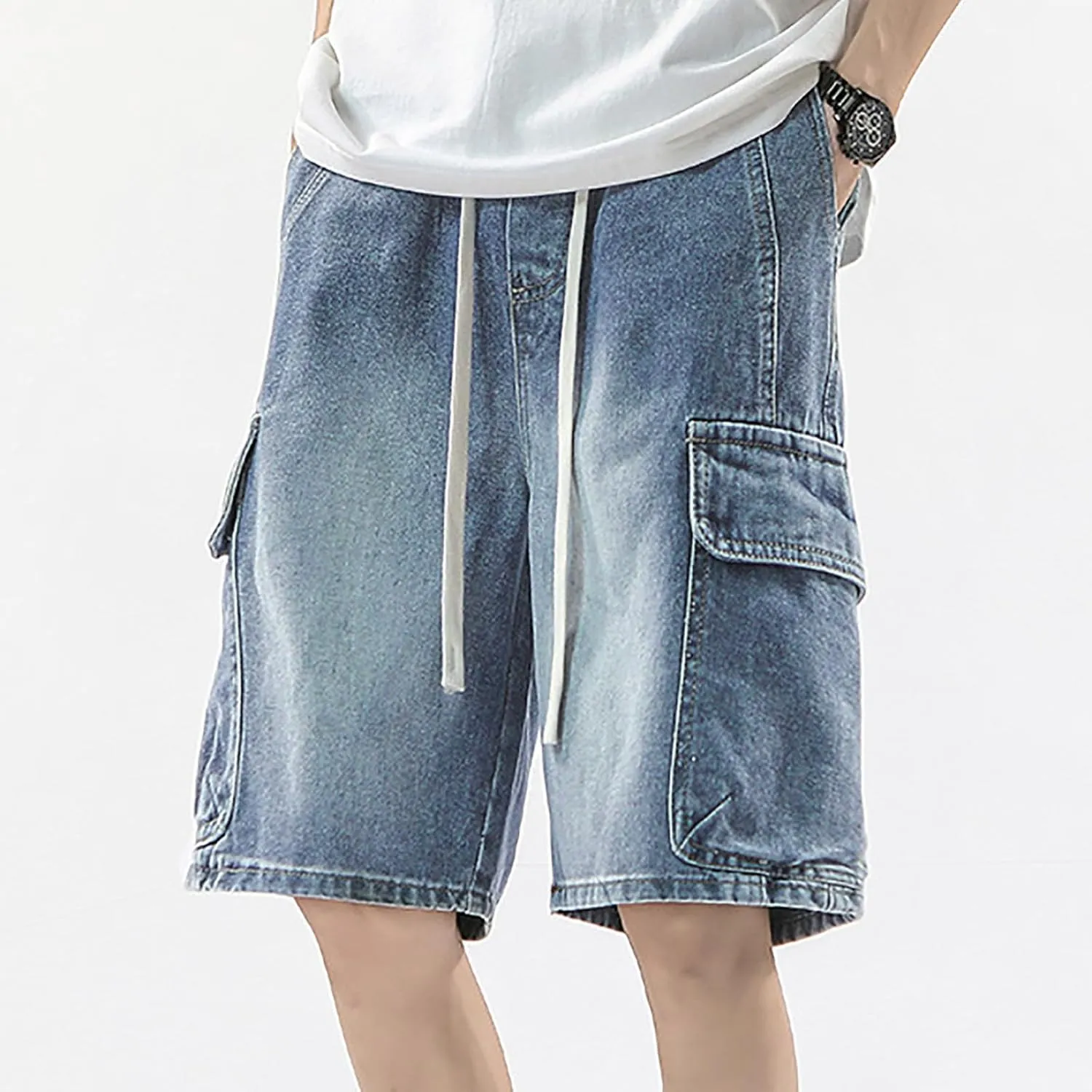 Mens Y2K Grunge Baggy Jean Shorts Casual Hip Hop Cargo Pants Loose Fit Denim Shorts with Pockets