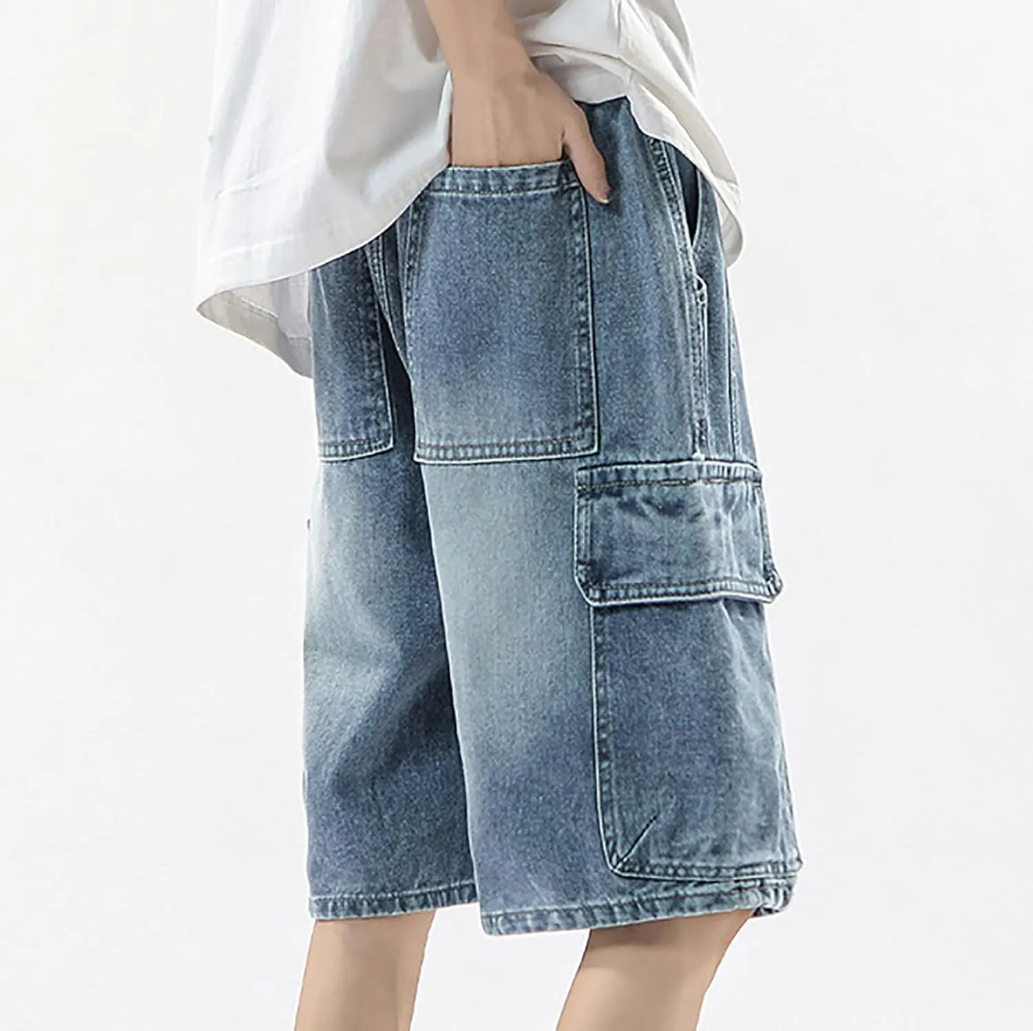 Mens Y2K Grunge Baggy Jean Shorts Casual Hip Hop Cargo Pants Loose Fit Denim Shorts with Pockets