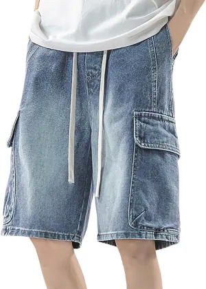 Mens Y2K Grunge Baggy Jean Shorts Casual Hip Hop Cargo Pants Loose Fit Denim Shorts with Pockets