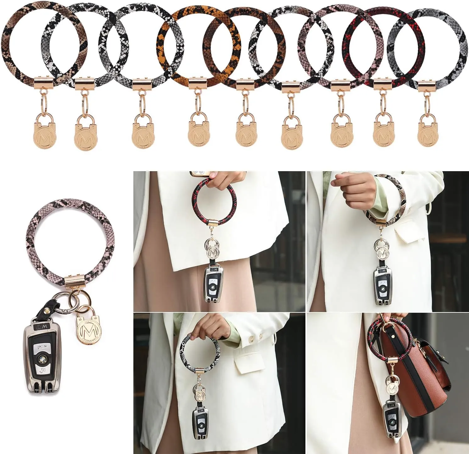 MKF Keychain Bracelet for Women Set  PU Leather House Car Key Holder, Easy Slip on Wristlet Hands Free Bangle Key Ring