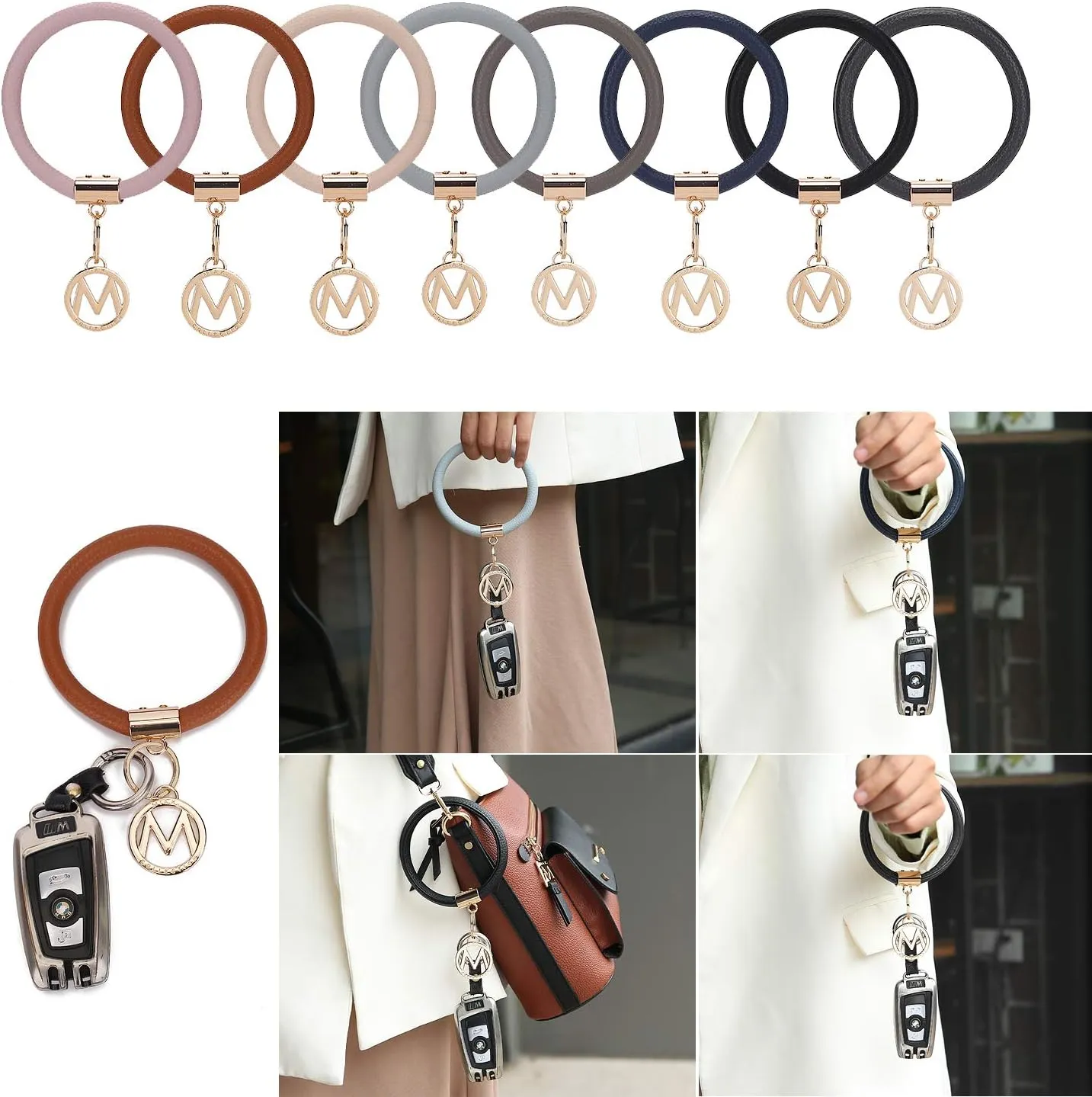MKF Keychain Bracelet for Women Set  PU Leather House Car Key Holder, Easy Slip on Wristlet Hands Free Bangle Key Ring