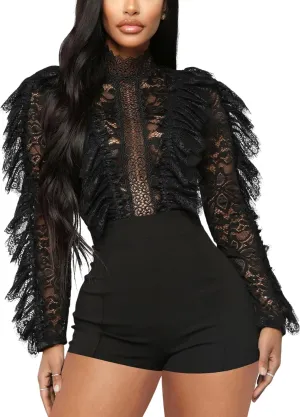 MKQW Sexy Lace Jumpsuit for Women Bodycon Long Sleeve Ruffle Mesh See Short Club Party One Piece Rompers Bodysuit