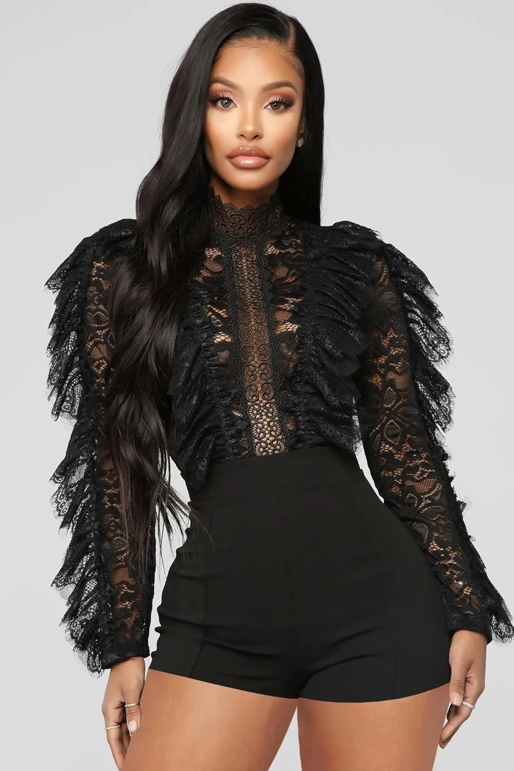 MKQW Sexy Lace Jumpsuit for Women Bodycon Long Sleeve Ruffle Mesh See Short Club Party One Piece Rompers Bodysuit