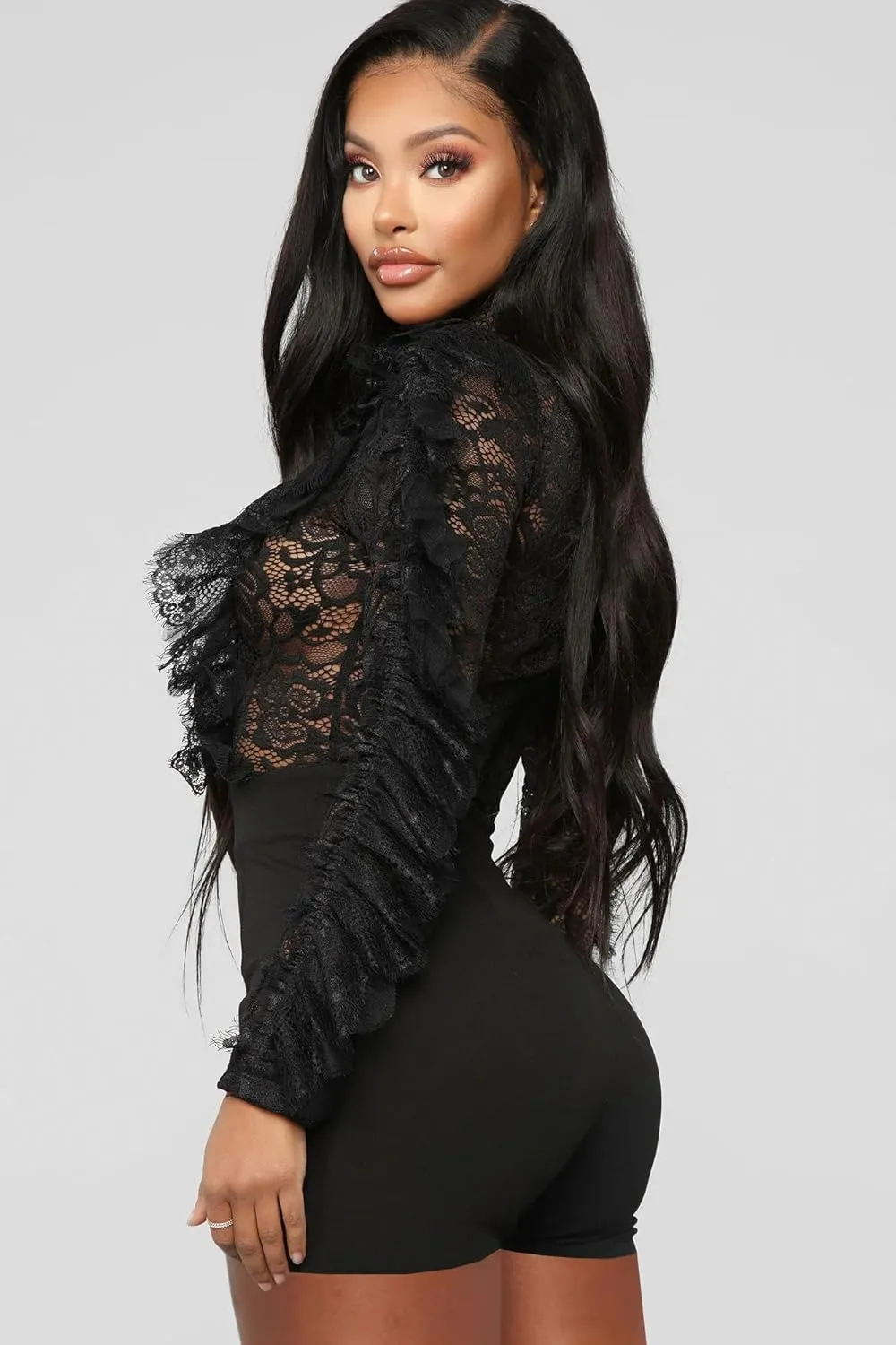 MKQW Sexy Lace Jumpsuit for Women Bodycon Long Sleeve Ruffle Mesh See Short Club Party One Piece Rompers Bodysuit