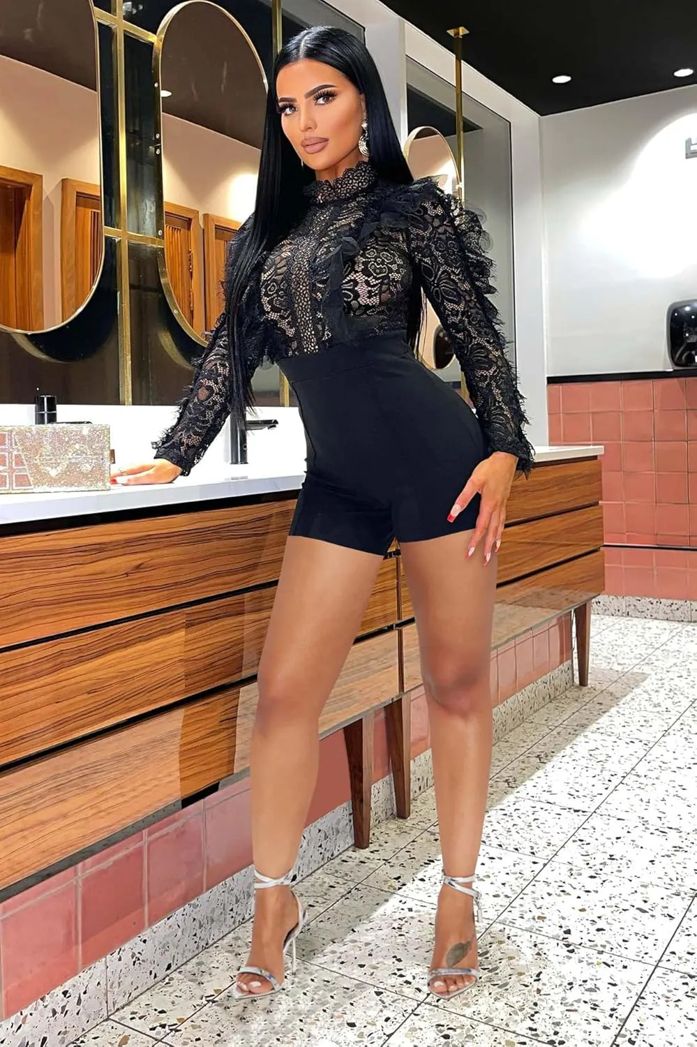MKQW Sexy Lace Jumpsuit for Women Bodycon Long Sleeve Ruffle Mesh See Short Club Party One Piece Rompers Bodysuit