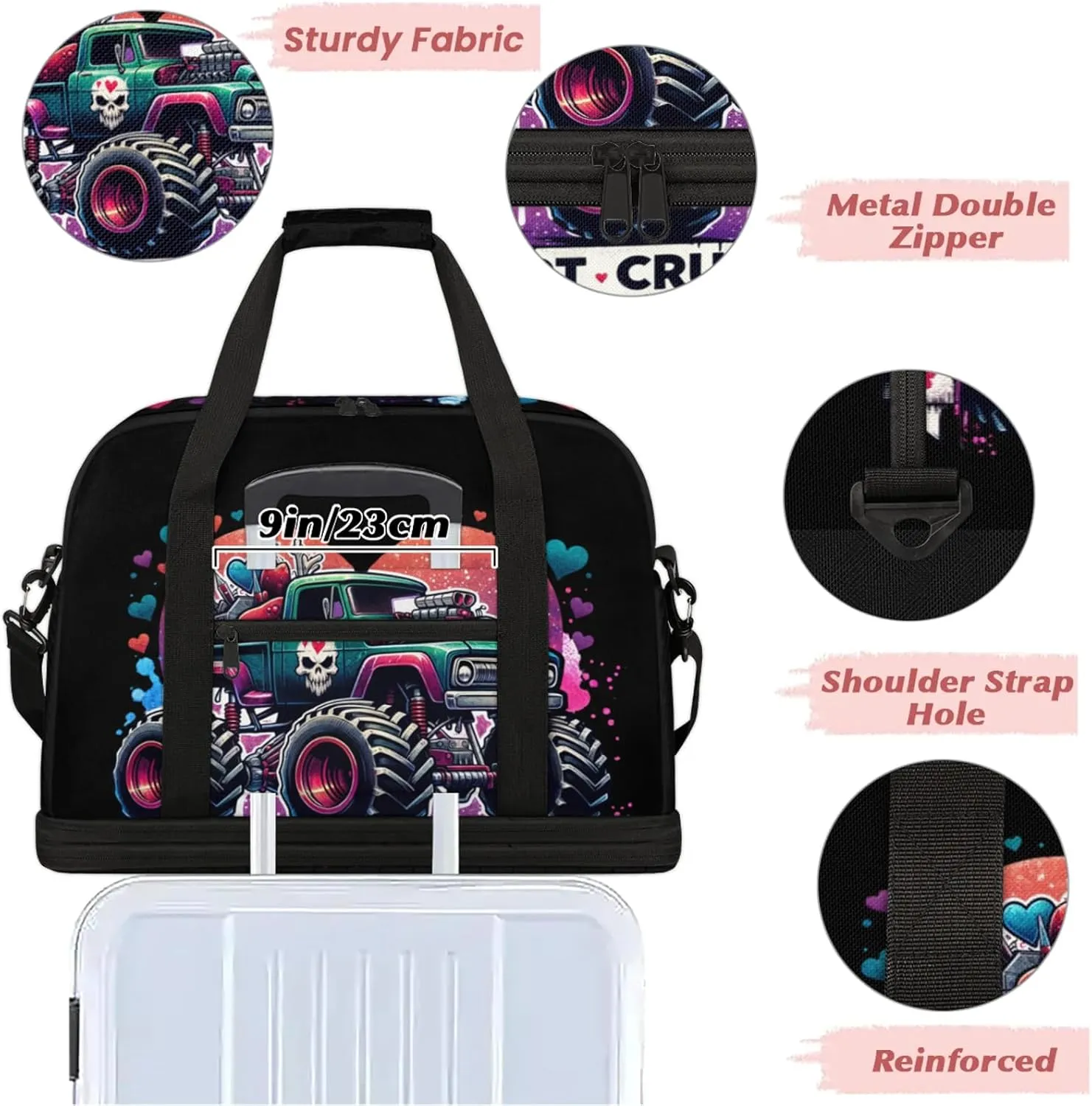 Monster Skull Truck Travel Duffel Bags for Women & Men Large Sports Gym Bags Foldie Weekender Overnight Bag Carry On Tote Bag With Shoe Compartment Personal Item Luggage for Travel Sports Gym