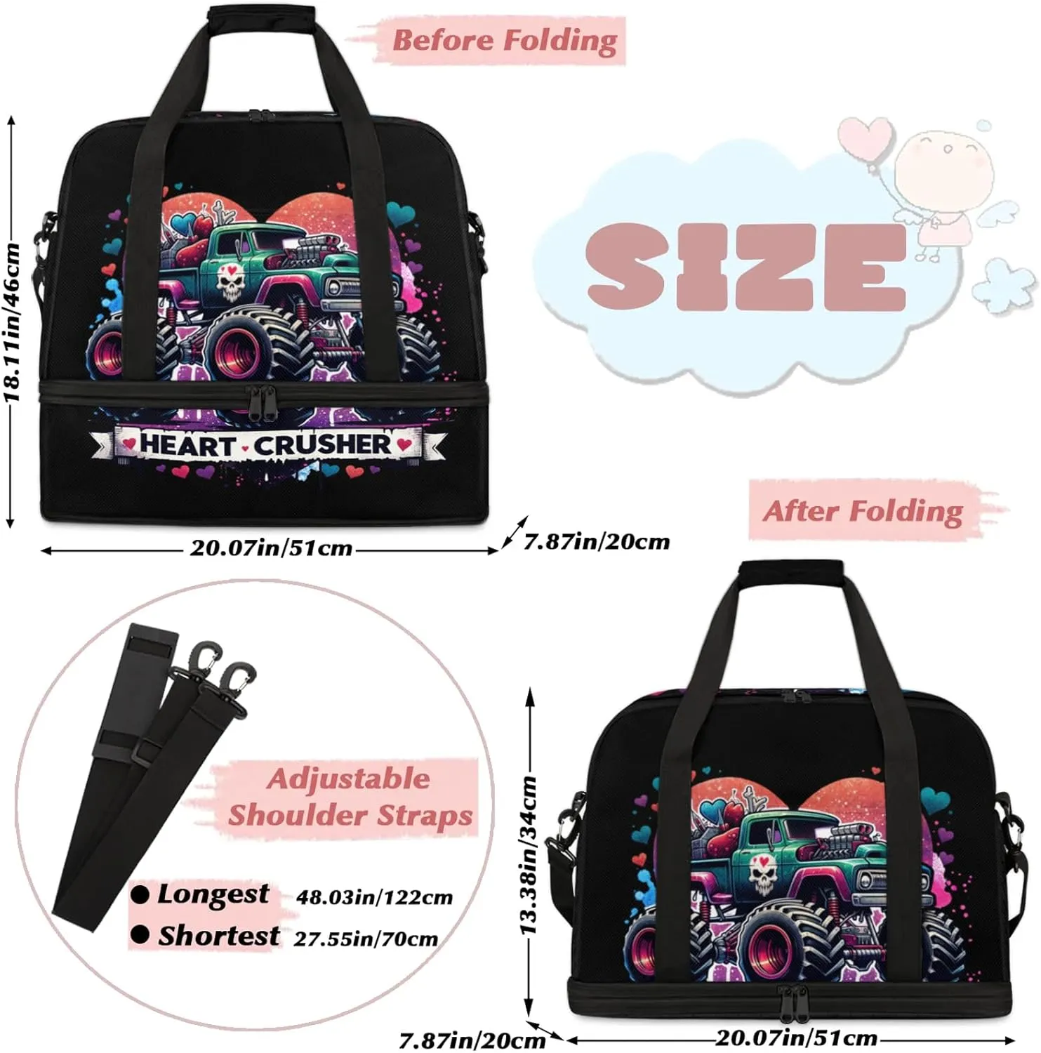 Monster Skull Truck Travel Duffel Bags for Women & Men Large Sports Gym Bags Foldie Weekender Overnight Bag Carry On Tote Bag With Shoe Compartment Personal Item Luggage for Travel Sports Gym