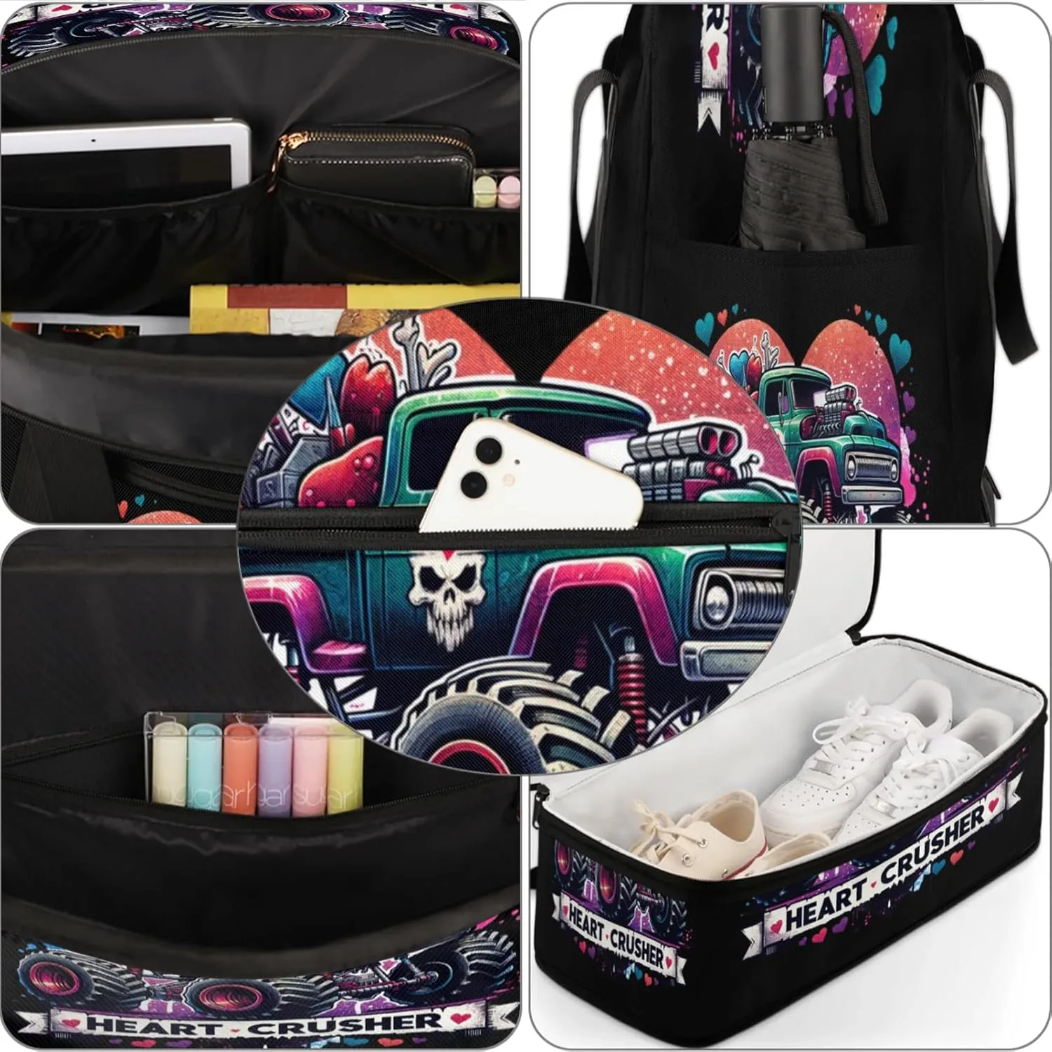 Monster Skull Truck Travel Duffel Bags for Women & Men Large Sports Gym Bags Foldie Weekender Overnight Bag Carry On Tote Bag With Shoe Compartment Personal Item Luggage for Travel Sports Gym
