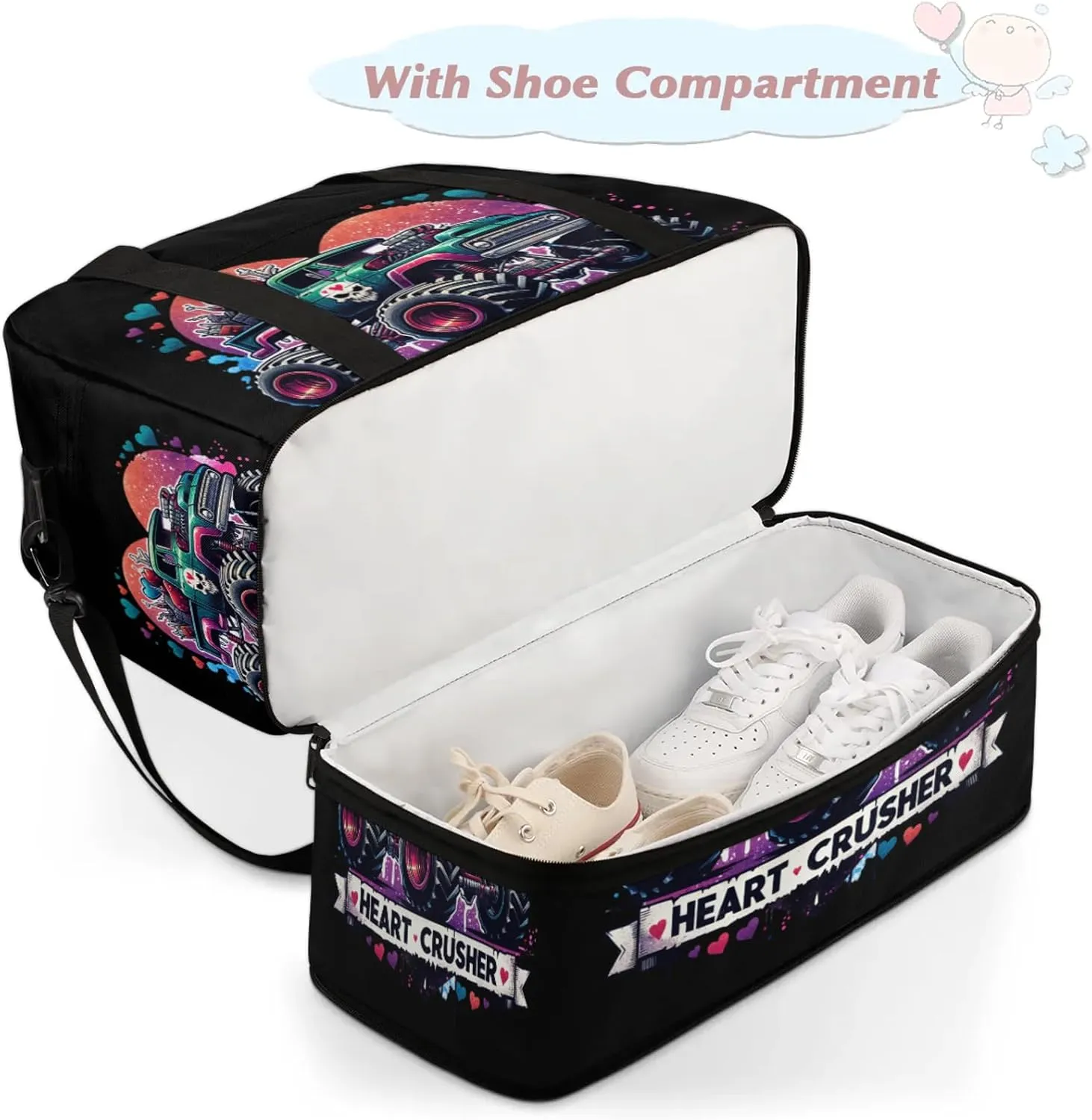 Monster Skull Truck Travel Duffel Bags for Women & Men Large Sports Gym Bags Foldie Weekender Overnight Bag Carry On Tote Bag With Shoe Compartment Personal Item Luggage for Travel Sports Gym