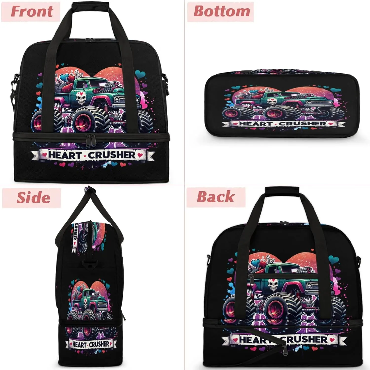 Monster Skull Truck Travel Duffel Bags for Women & Men Large Sports Gym Bags Foldie Weekender Overnight Bag Carry On Tote Bag With Shoe Compartment Personal Item Luggage for Travel Sports Gym