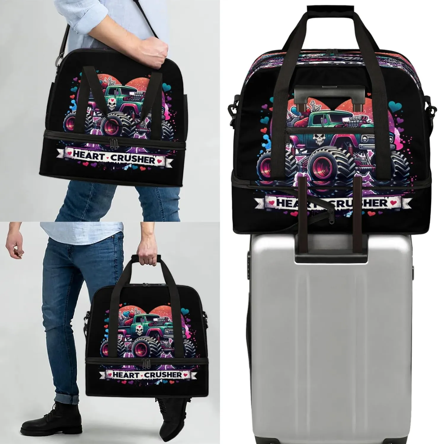 Monster Skull Truck Travel Duffel Bags for Women & Men Large Sports Gym Bags Foldie Weekender Overnight Bag Carry On Tote Bag With Shoe Compartment Personal Item Luggage for Travel Sports Gym
