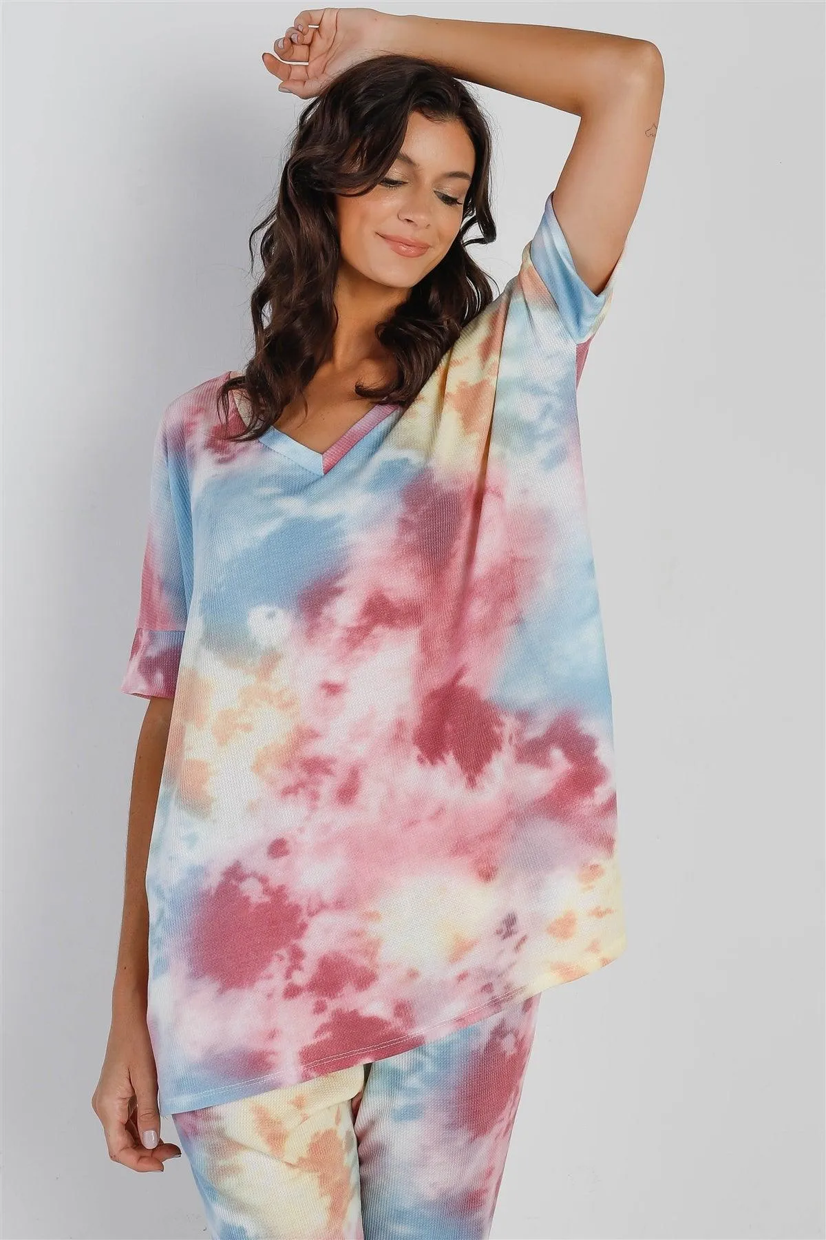 Multi Color Tie-Dye Waffle Knit Short Sleeve Top & Pants Set /1-1-1