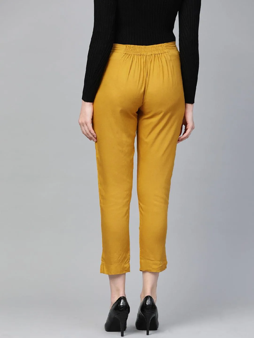 Mustard Yellow Regular Fit Solid Cropped Trousers