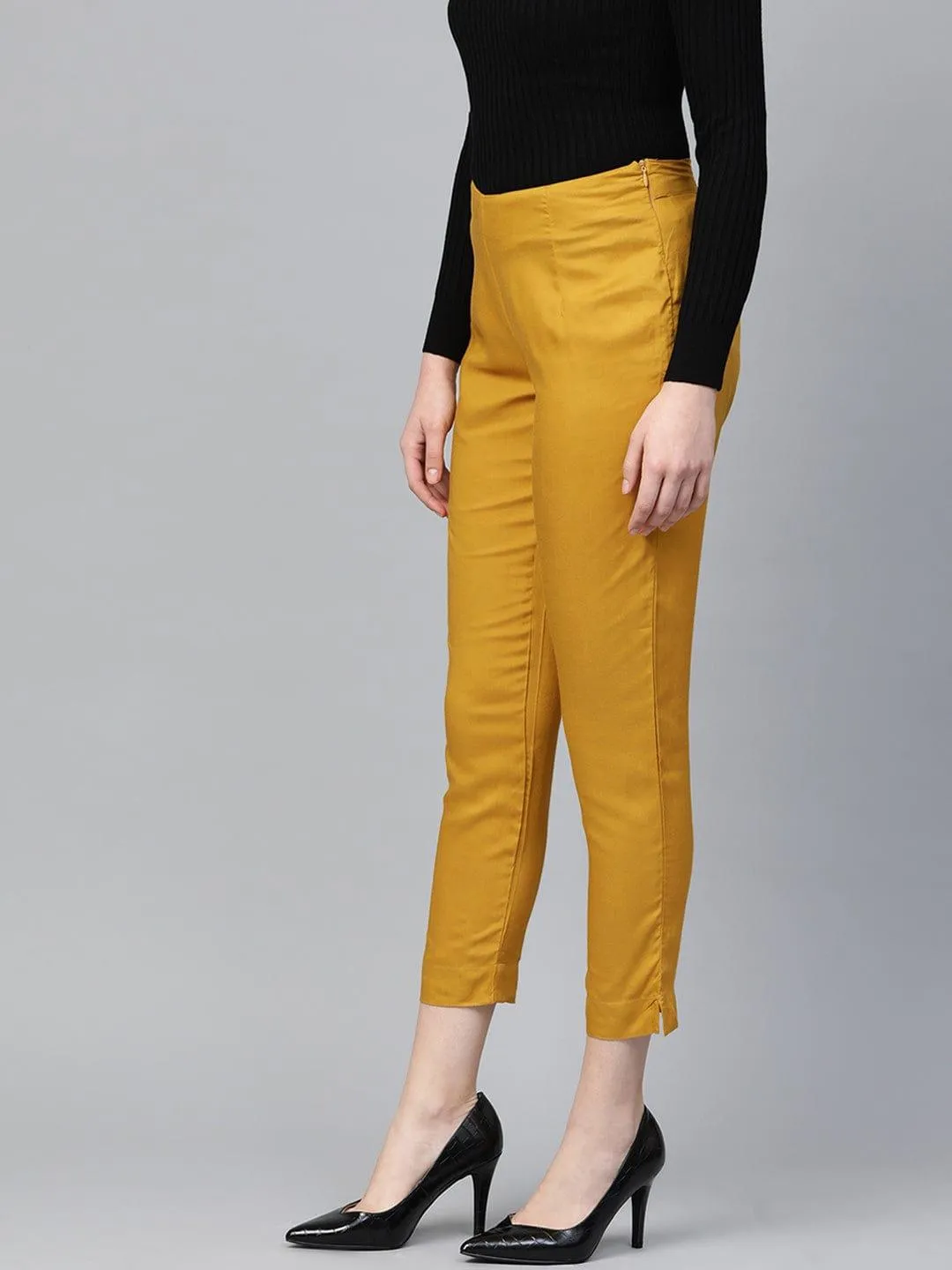 Mustard Yellow Regular Fit Solid Cropped Trousers