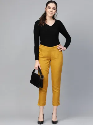 Mustard Yellow Regular Fit Solid Cropped Trousers