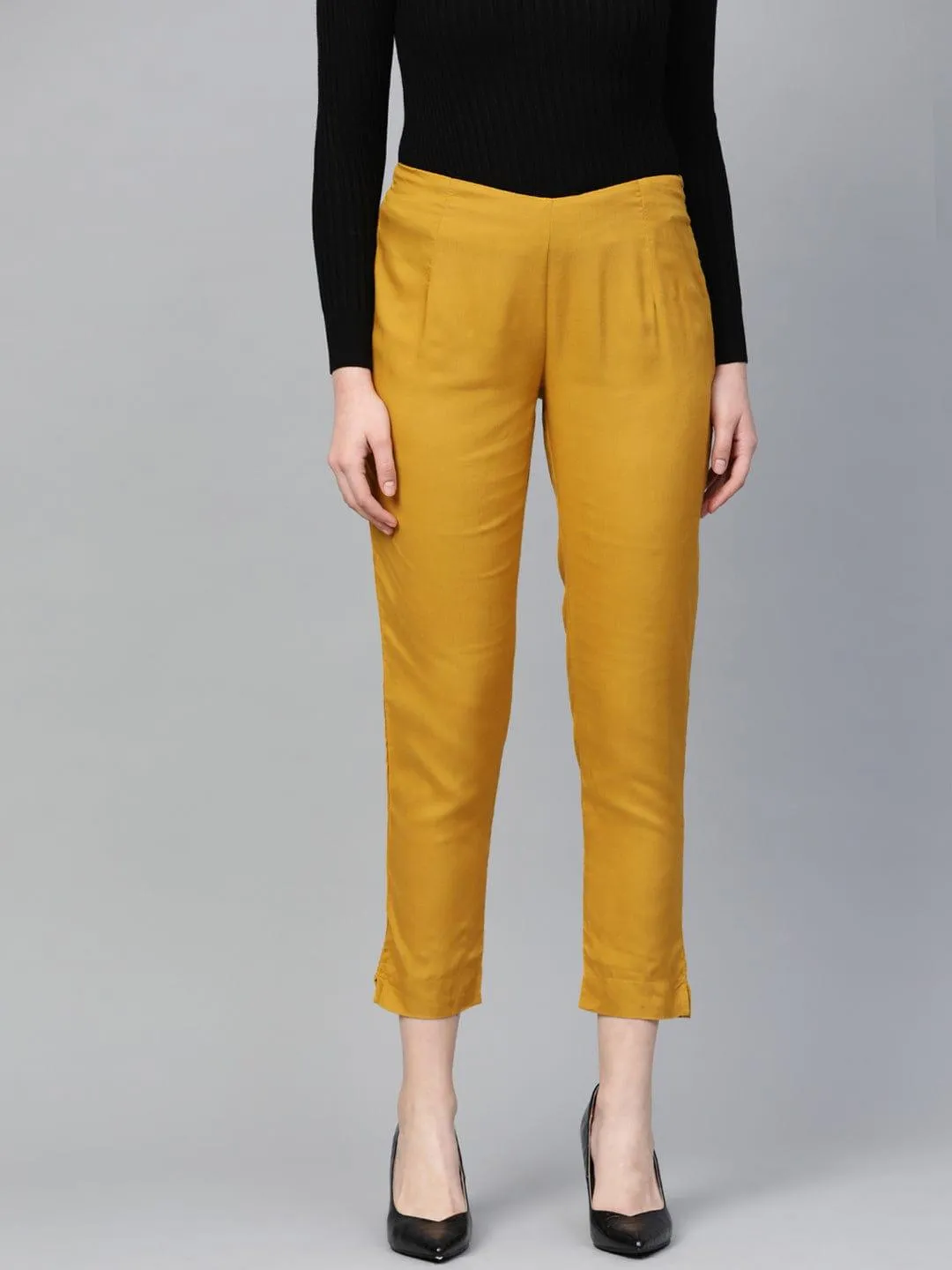 Mustard Yellow Regular Fit Solid Cropped Trousers