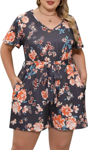 Nemidor Plus Size Casual Short Romper for Curvy Women Summer Stretchy Outfits Jumpsuit with Belt and Pocket 16-26