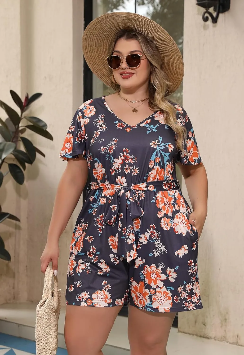 Nemidor Plus Size Casual Short Romper for Curvy Women Summer Stretchy Outfits Jumpsuit with Belt and Pocket 16-26