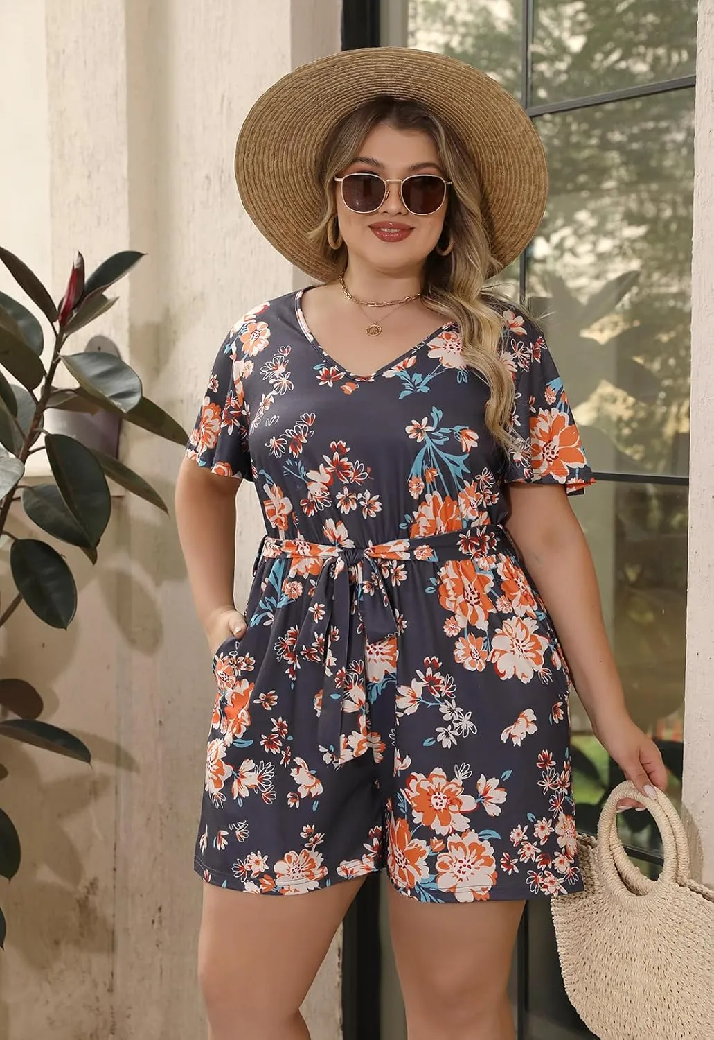 Nemidor Plus Size Casual Short Romper for Curvy Women Summer Stretchy Outfits Jumpsuit with Belt and Pocket 16-26